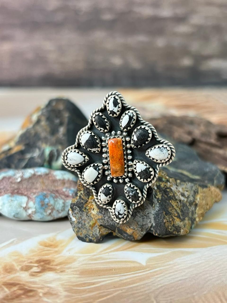 Handmade Sterling Silver White Buffalo with Orange Mojave Adjustable Ring "Signed Nizhoni"