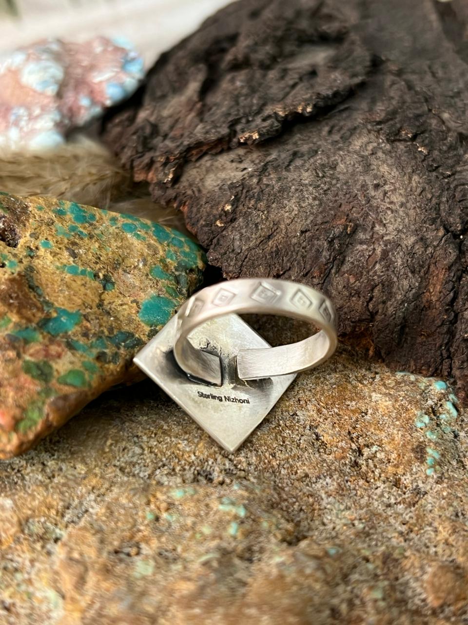 Handmade Sterling Silver Kingman Turquoise Adjustable Ring "Signed Nizhoni"