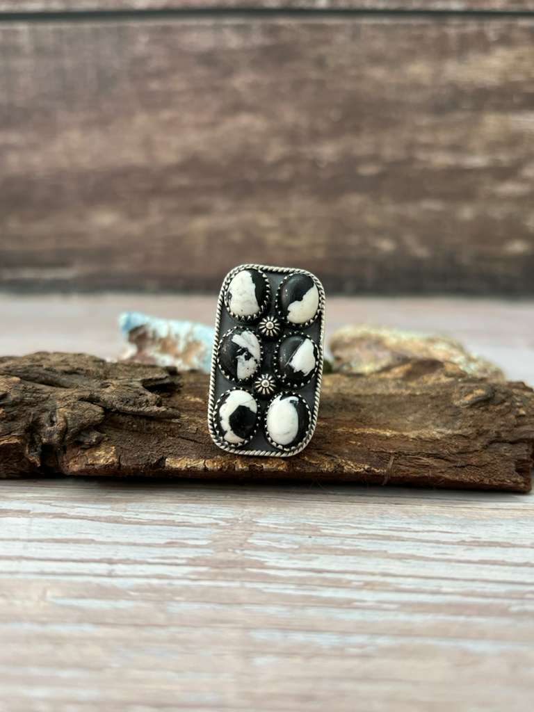 Handmade Sterling Silver White Buffalo Adjustable Ring with Signed Nizhoni