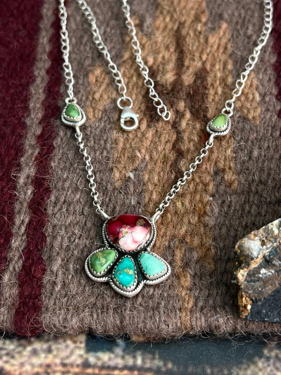 Handmade Sterling Silver Dahlia Rose with Emerald Valley Turquoise Necklace "Signed Nizhoni"