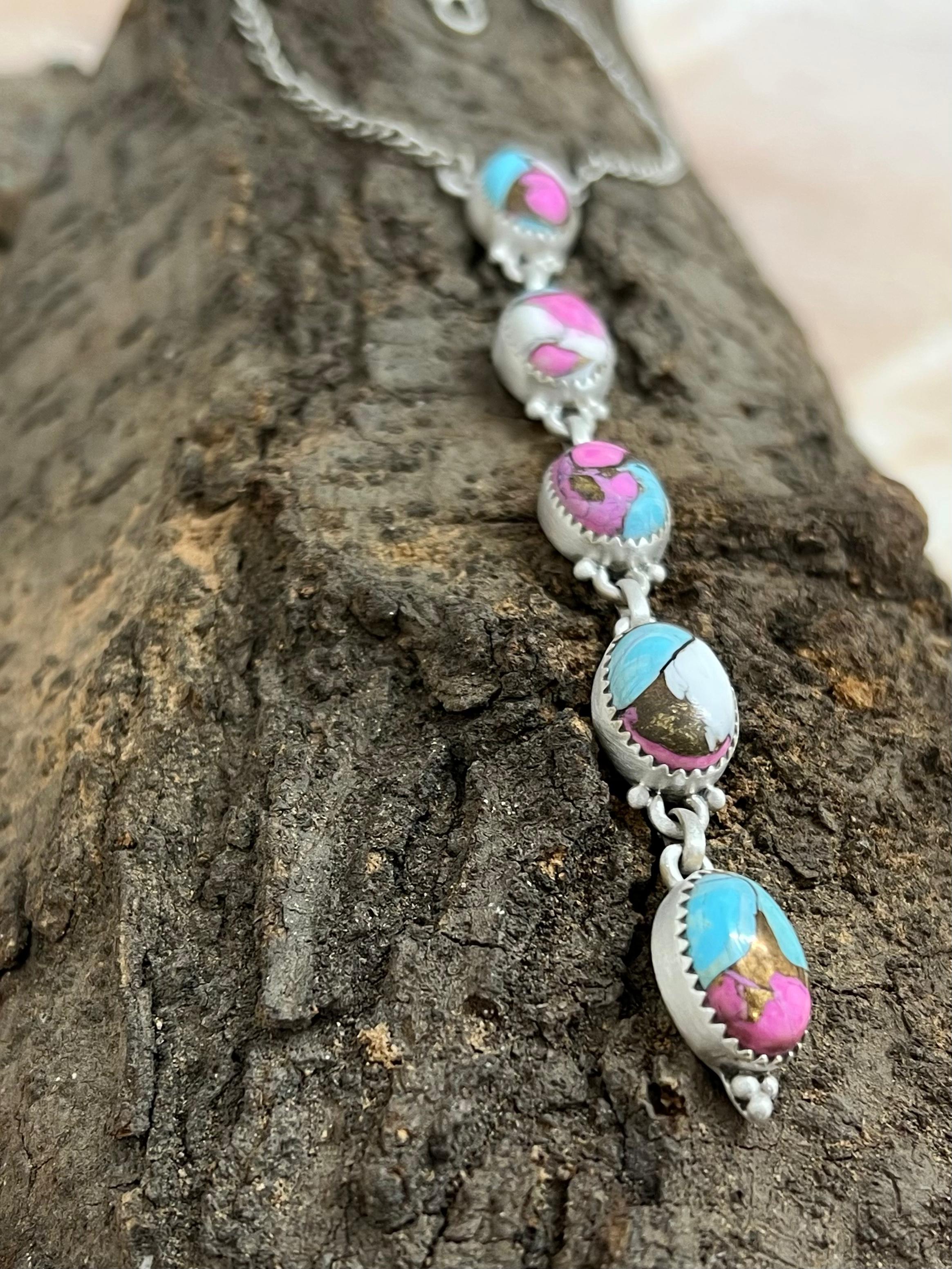 Handmade Sterling Silver Cotton Candy Turquoise Necklace with Signed Nizhoni