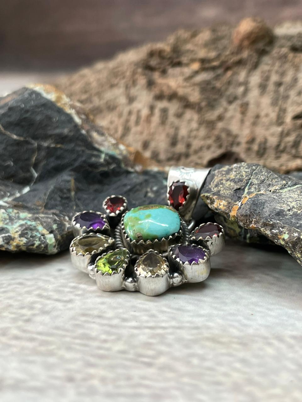 Handmade Sterling Silver Sonoran with Cut Stones Pendant "Signed Nizhoni"