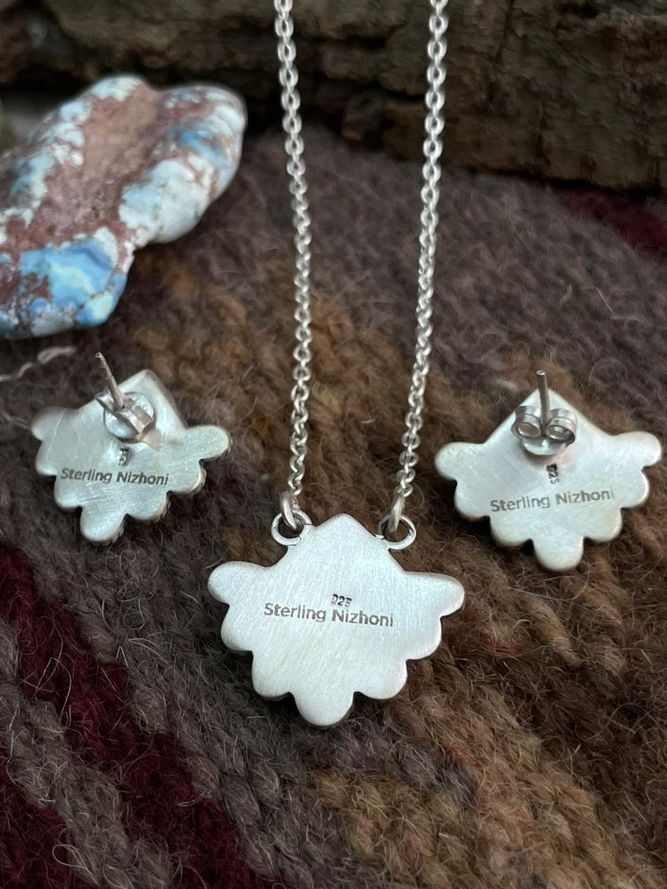 Handmade Sterling Silver White Buffalo Necklace Earrings Set "Signed Nizhoni"