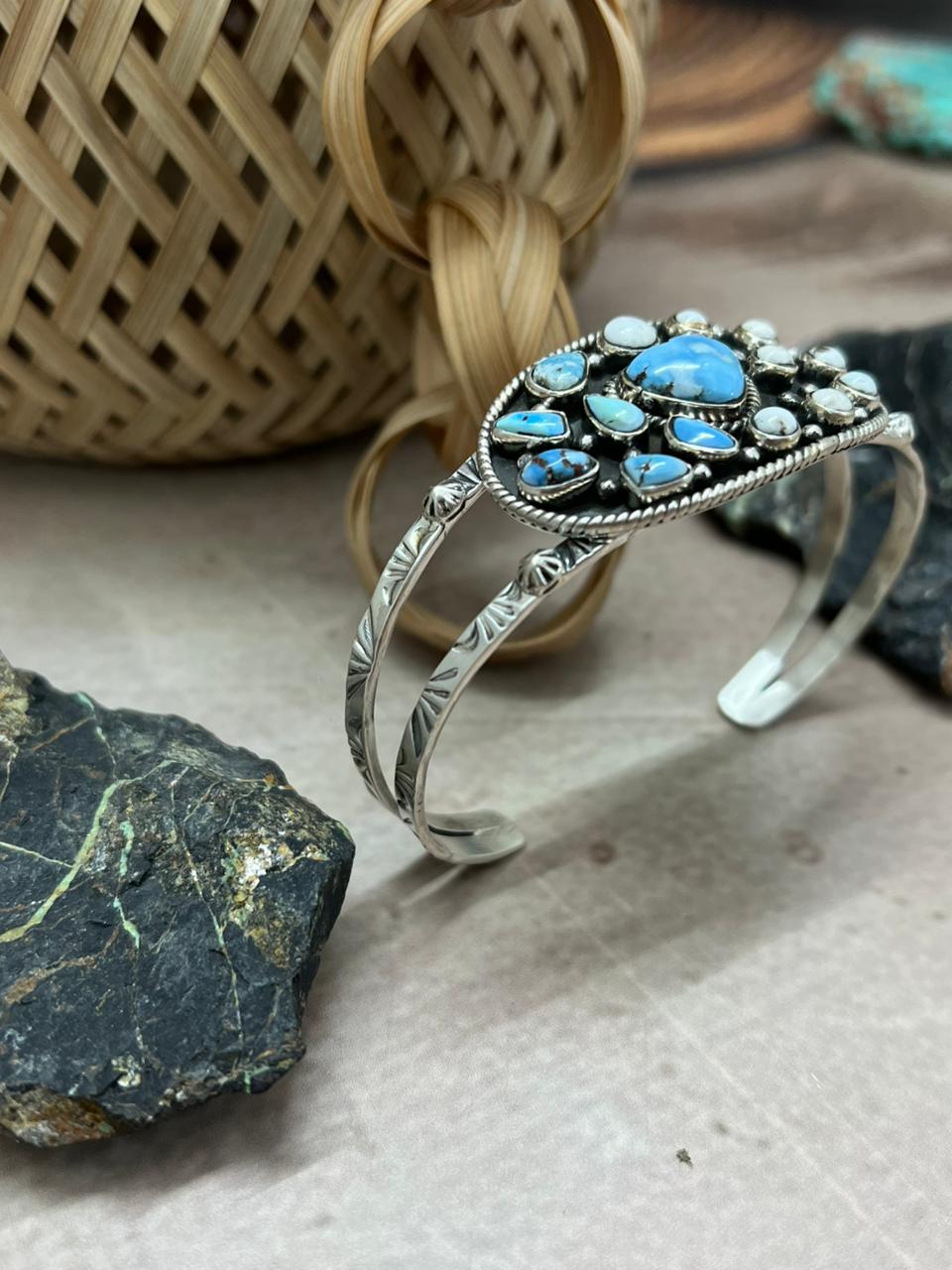 Handmade Sterling Silver Golden Hills with White Collection Bracelet "Signed Nizhoni"