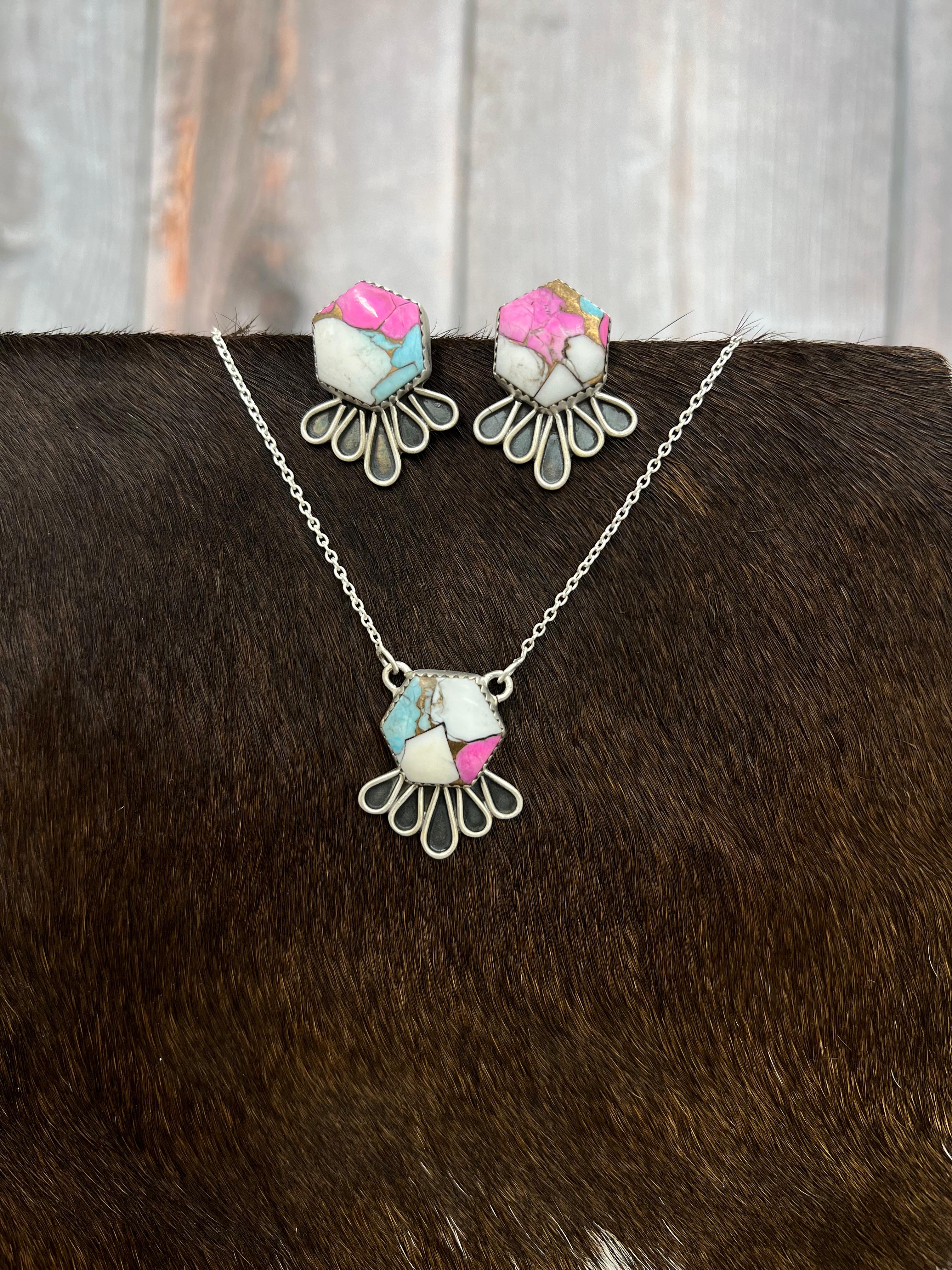 Handmade Sterling Silver Cotton Candy Necklace Earrings Set Signed Nizhoni (5)