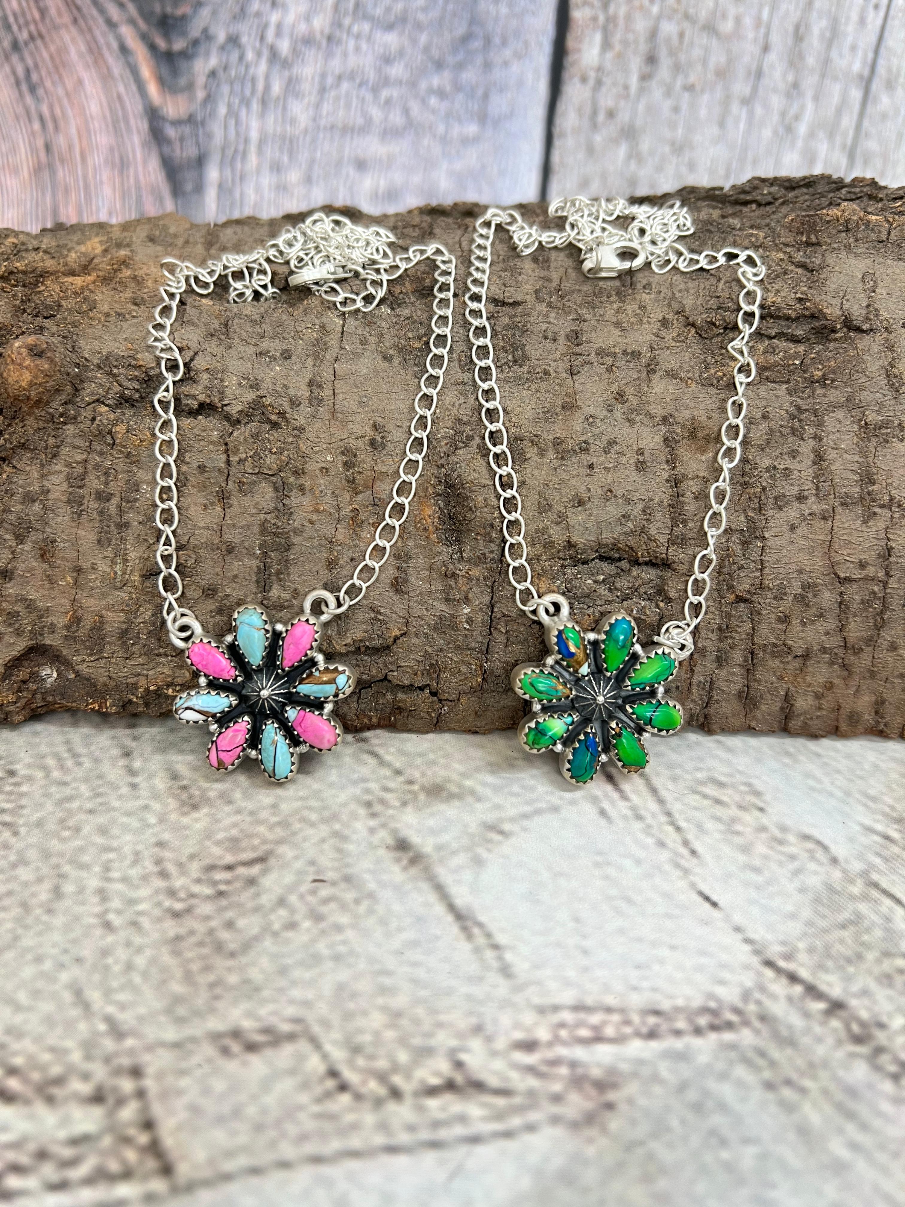 Handmade Sterling Silver Peacock Dahlia, Cotton Candy Turquoise Necklace with Signed Nizhoni