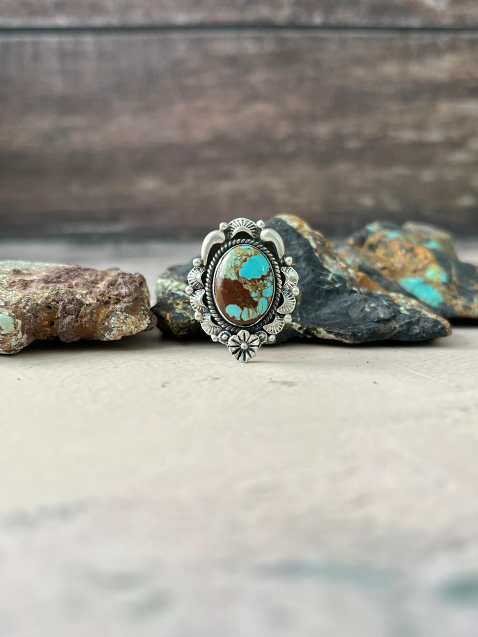 Handmade Sterling Silver Number 8 Turquoise Adjustable Ring "Signed Nizhoni"