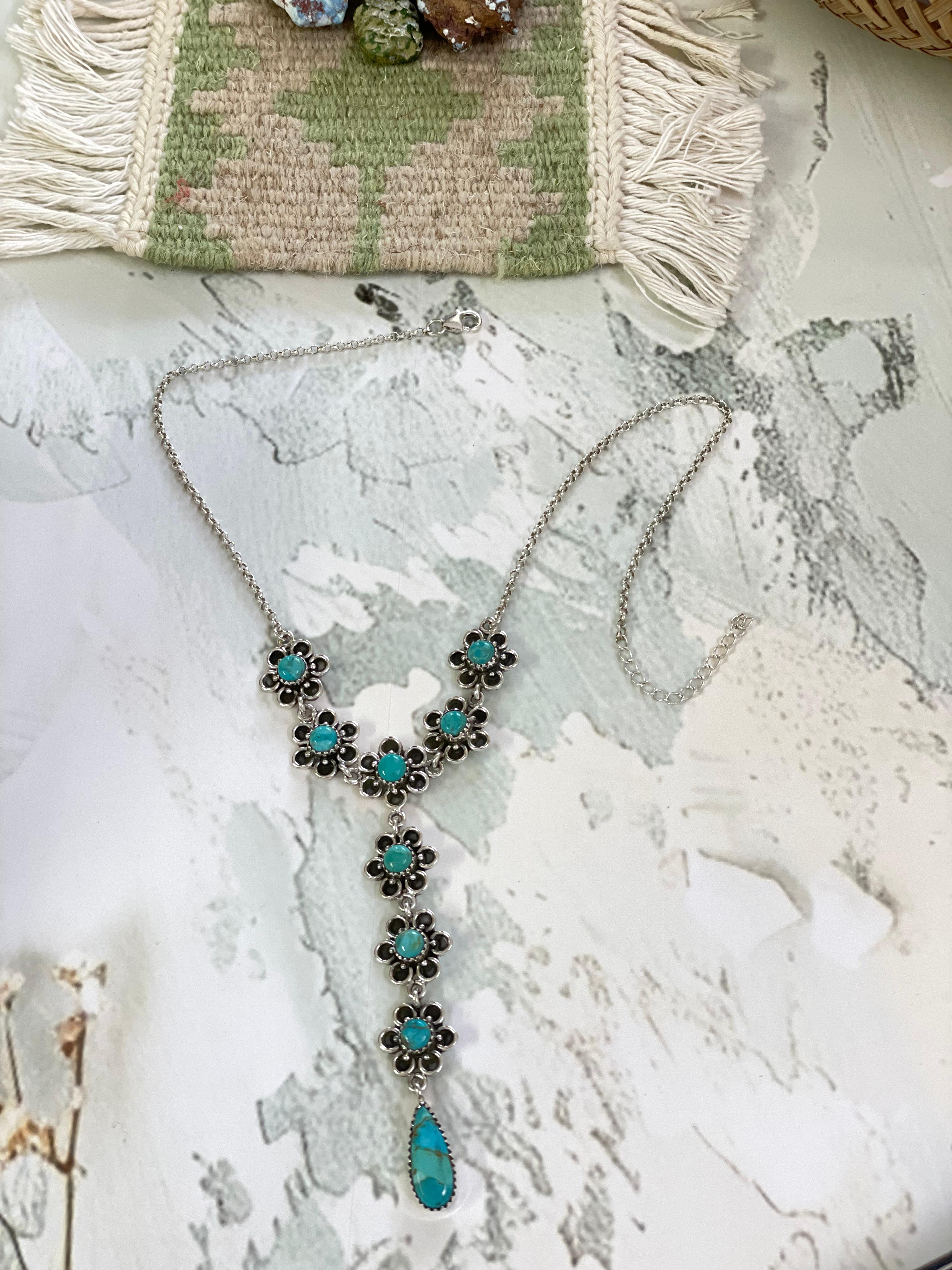 Handmade Sterling Silver Kingman Turquoise Necklace with Signed Nizhoni