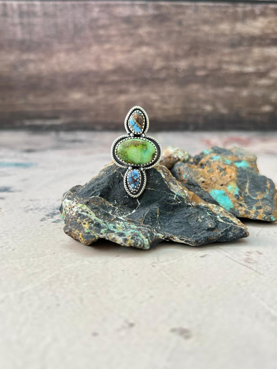 Handmade Sterling Silver Sonoran Mountain with Golden Hills Turquoise Adjustable Ring "Signed Nizhoni"