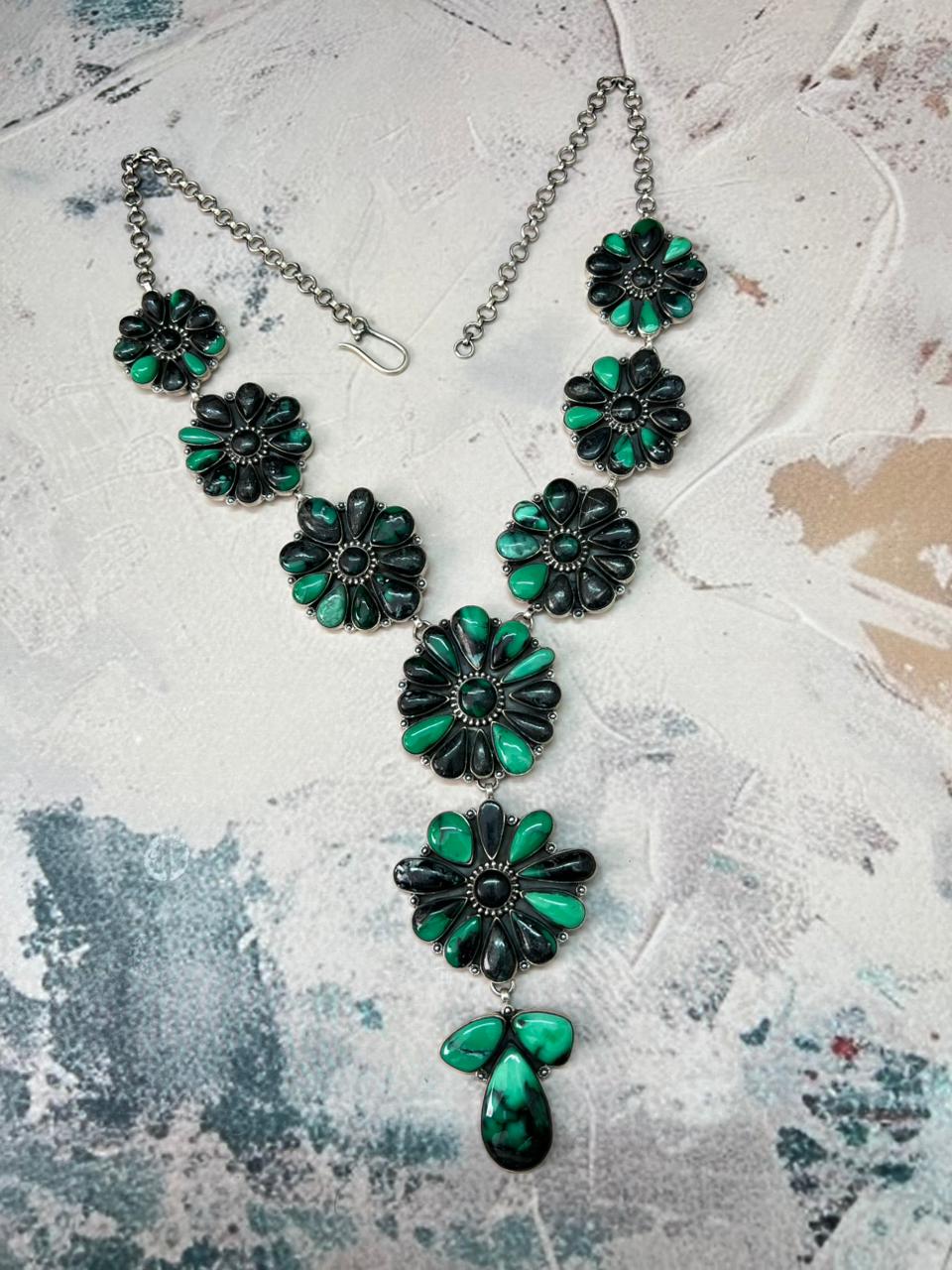 Handmade Sterling Silver Emerald Rose Necklace "Signed Nizhoni"