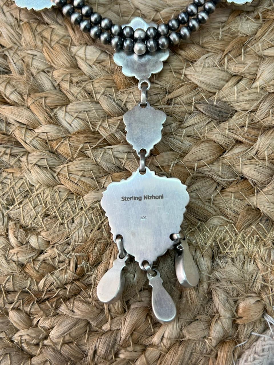 Handmade Sterling Silver Blackjack Turquoise Beaded Necklace "Signed Nizhoni"