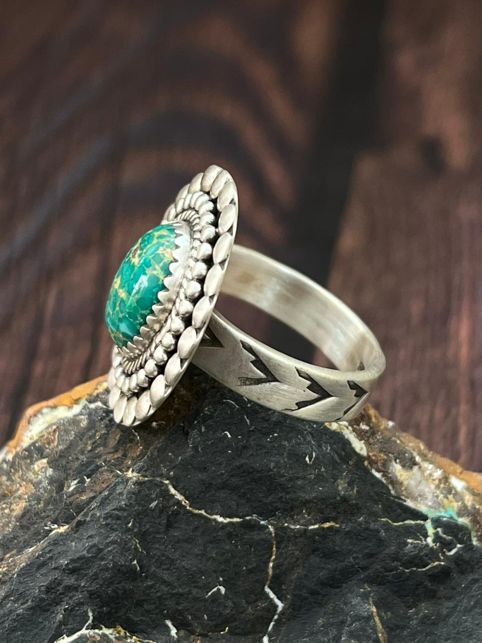 Handmade Sterling Silver Emerald Valley Adjustable Ring "Singed Nizhoni"