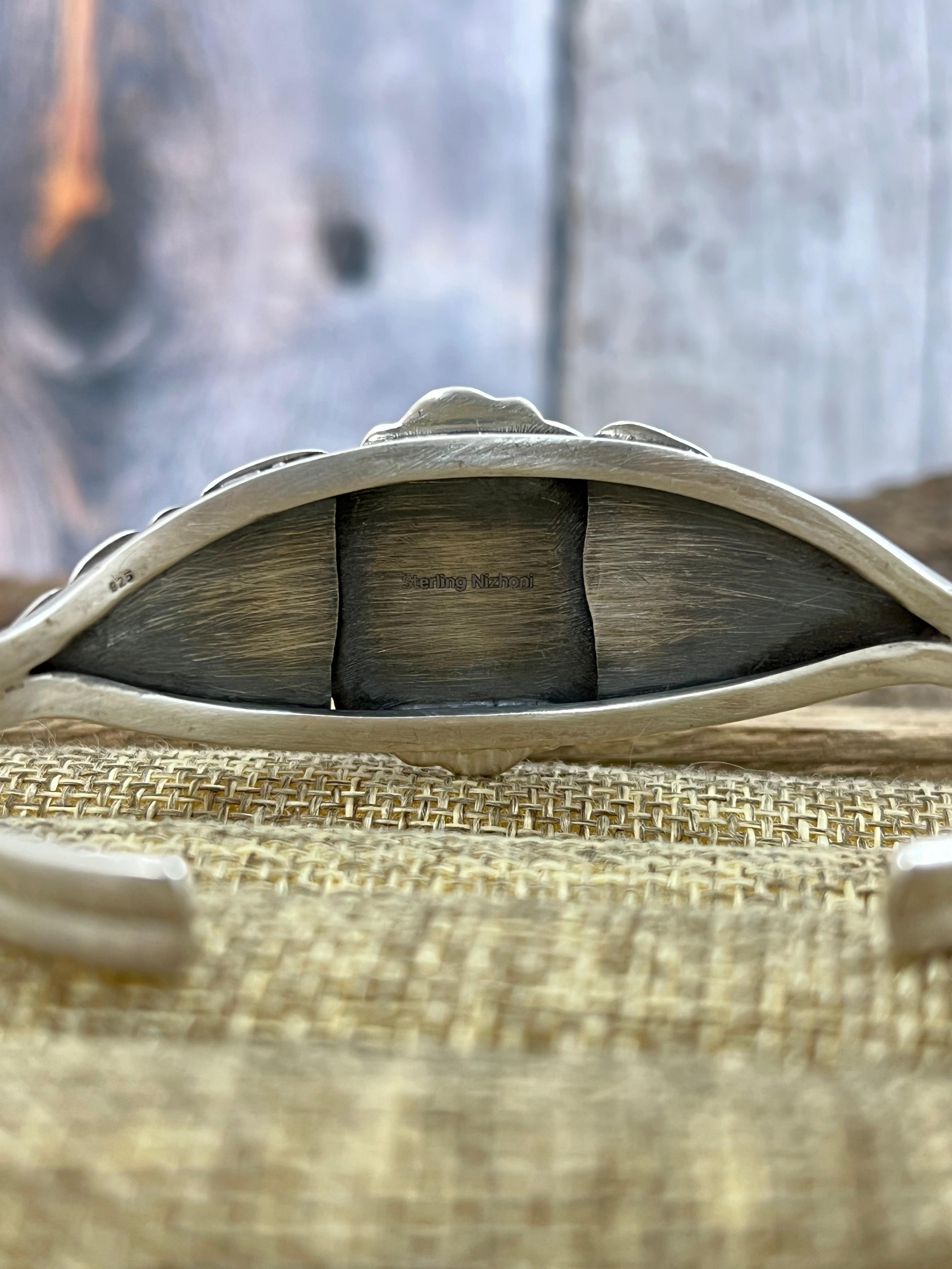 Handmade Sterling Silver Kelly Green Dahlia Cuff Bracelet with Signed Nizhoni