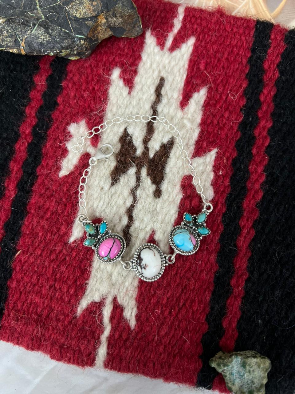 Handmade Sterling Silver Cotton Candy, Kingman and Wild horse Magnesite Chain Bracelet "Signed Nizhoni"