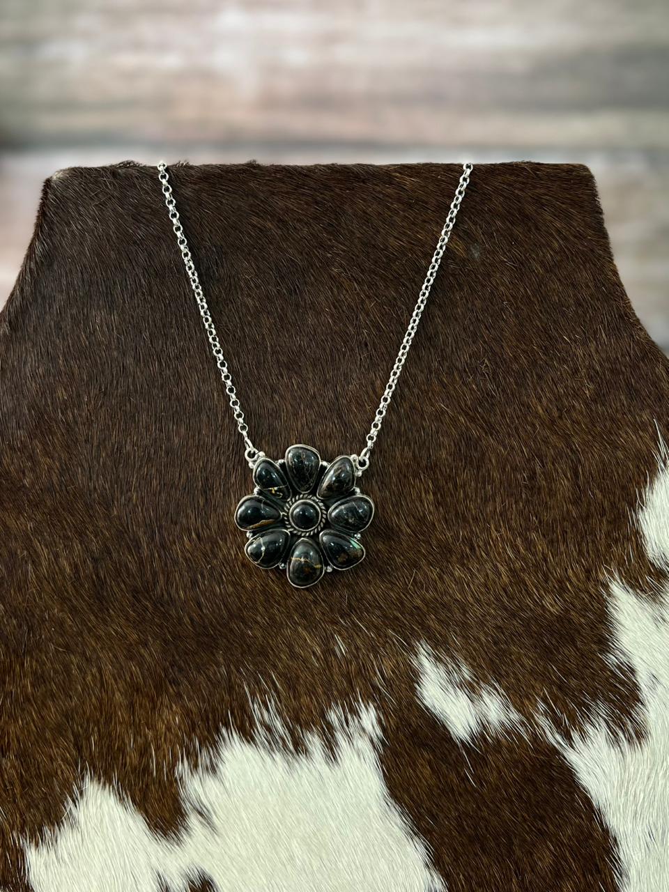 Handmade Sterling Silver Blackjack Turquoise Necklace "Signed Nizhoni"