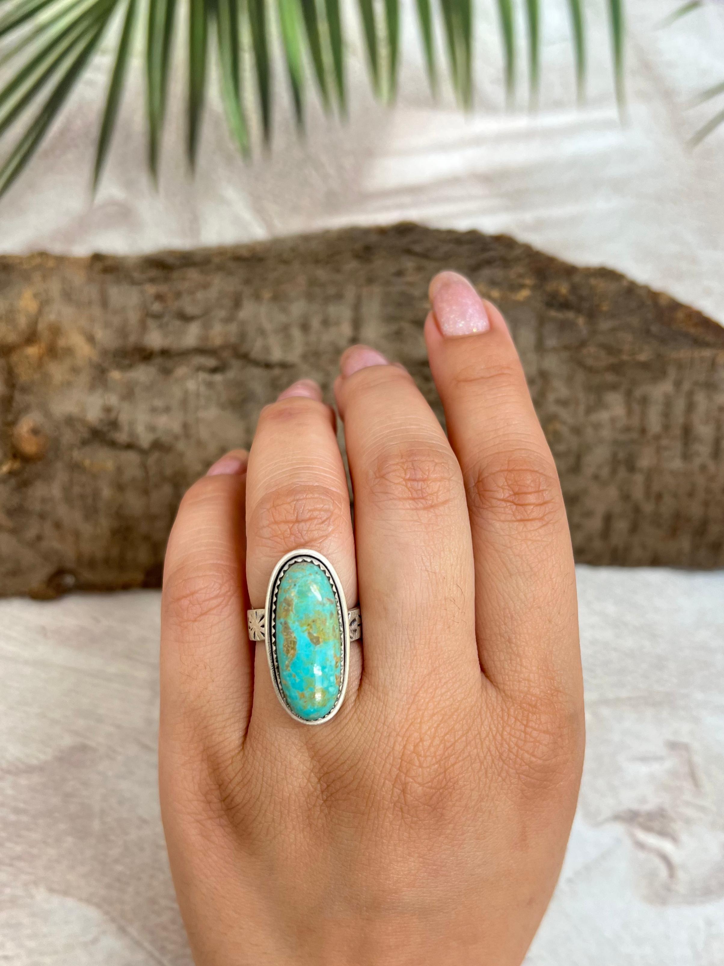 Handmade Sterling Silver Royston Turquoise Adjustable Ring with Signed Nizhoni
