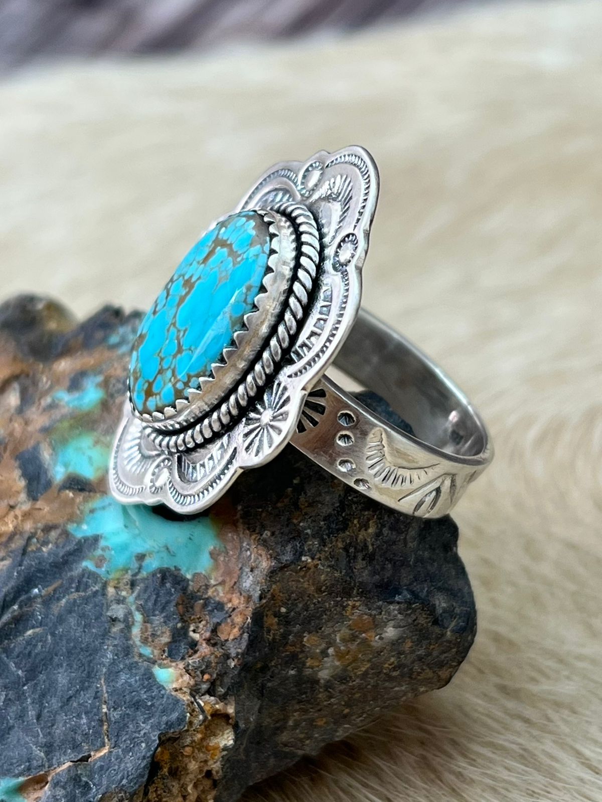 Handmade Sterling Silver Number 8 Turquoise Adjustable Ring "Signed Nizhoni"