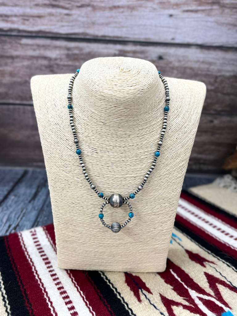 Handmade Sterling Silver Kingman Turquoise Beaded Necklace with Signed Nizhoni