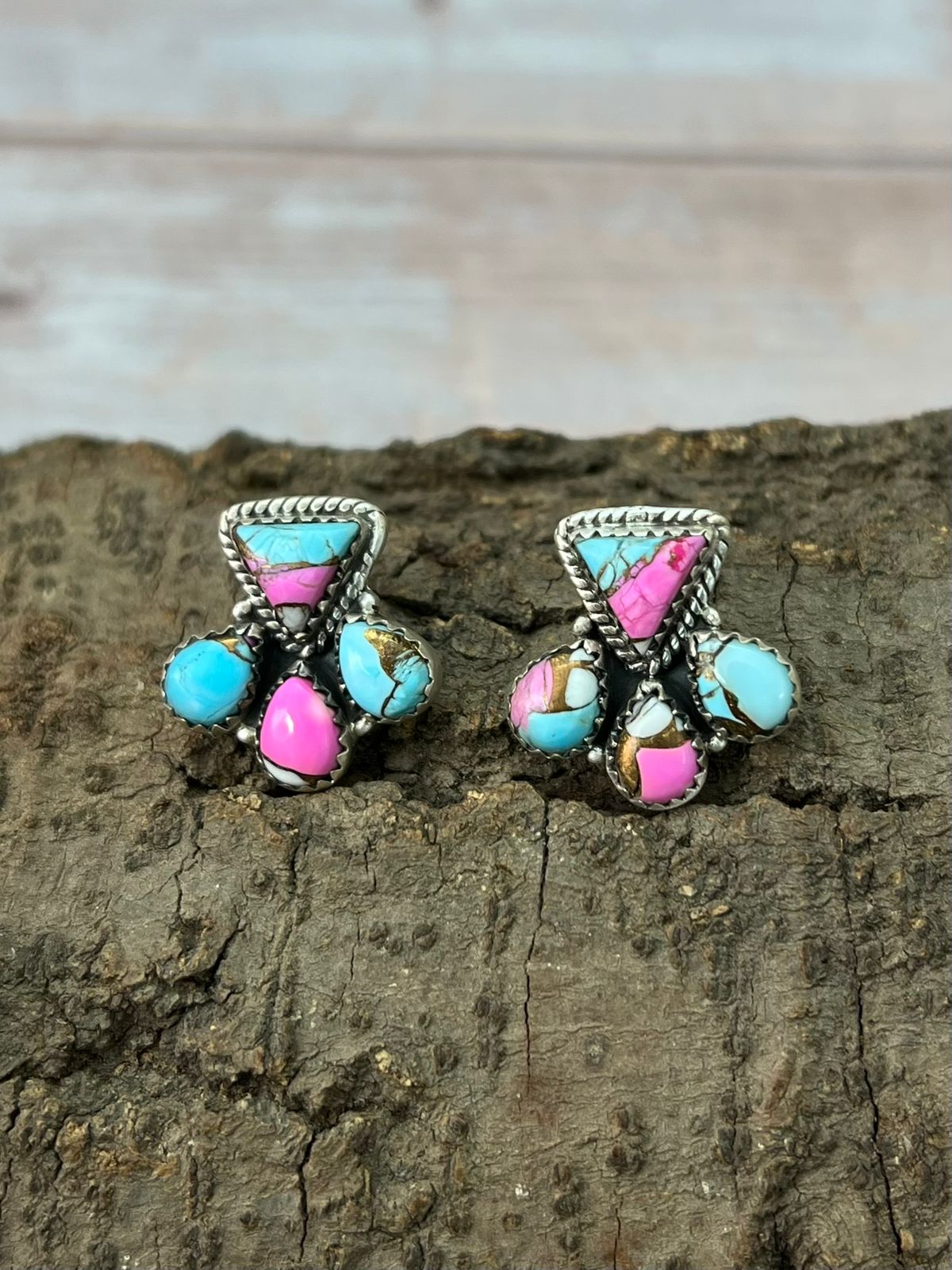 Handmade Sterling Silver Cotton Candy Post Studs Earrings "Signed Nizhoni"