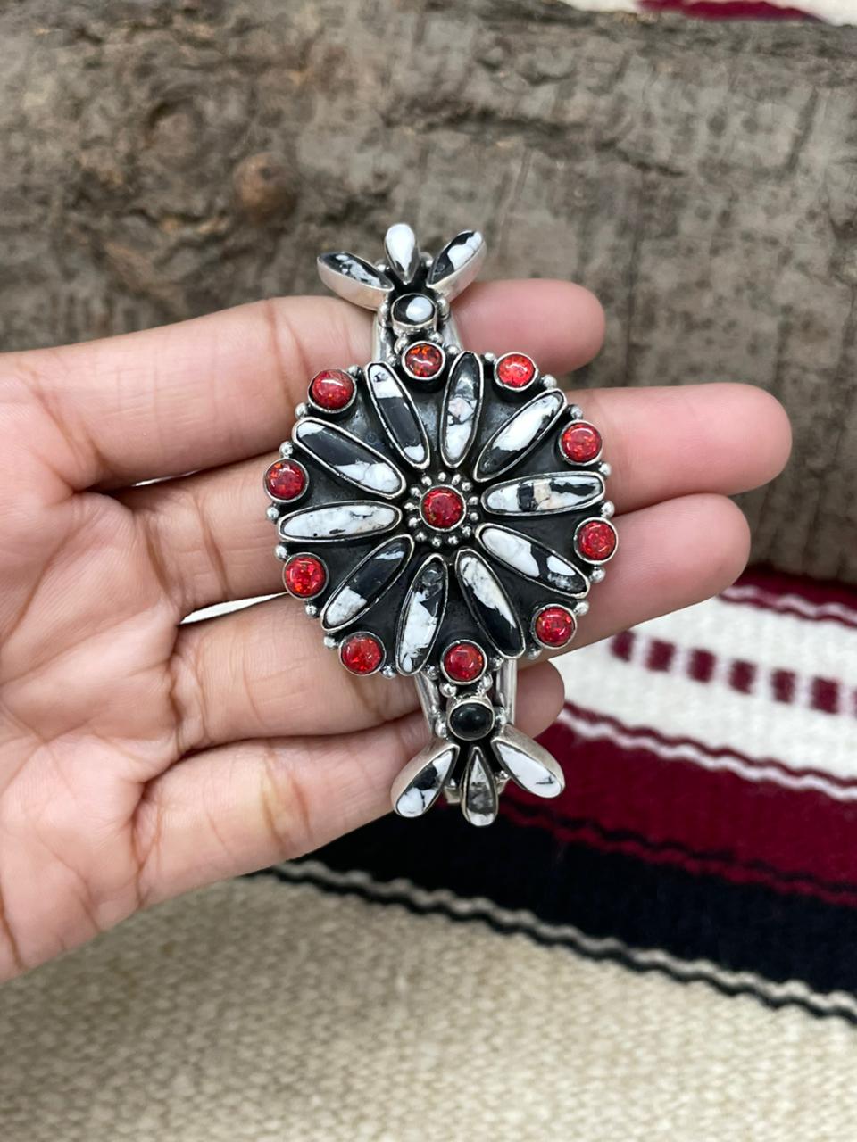 "Christmas Collection" Handmade Sterling Silver White Buffalo With Red Opal Cuff Bracelet "Signed Nizhoni"