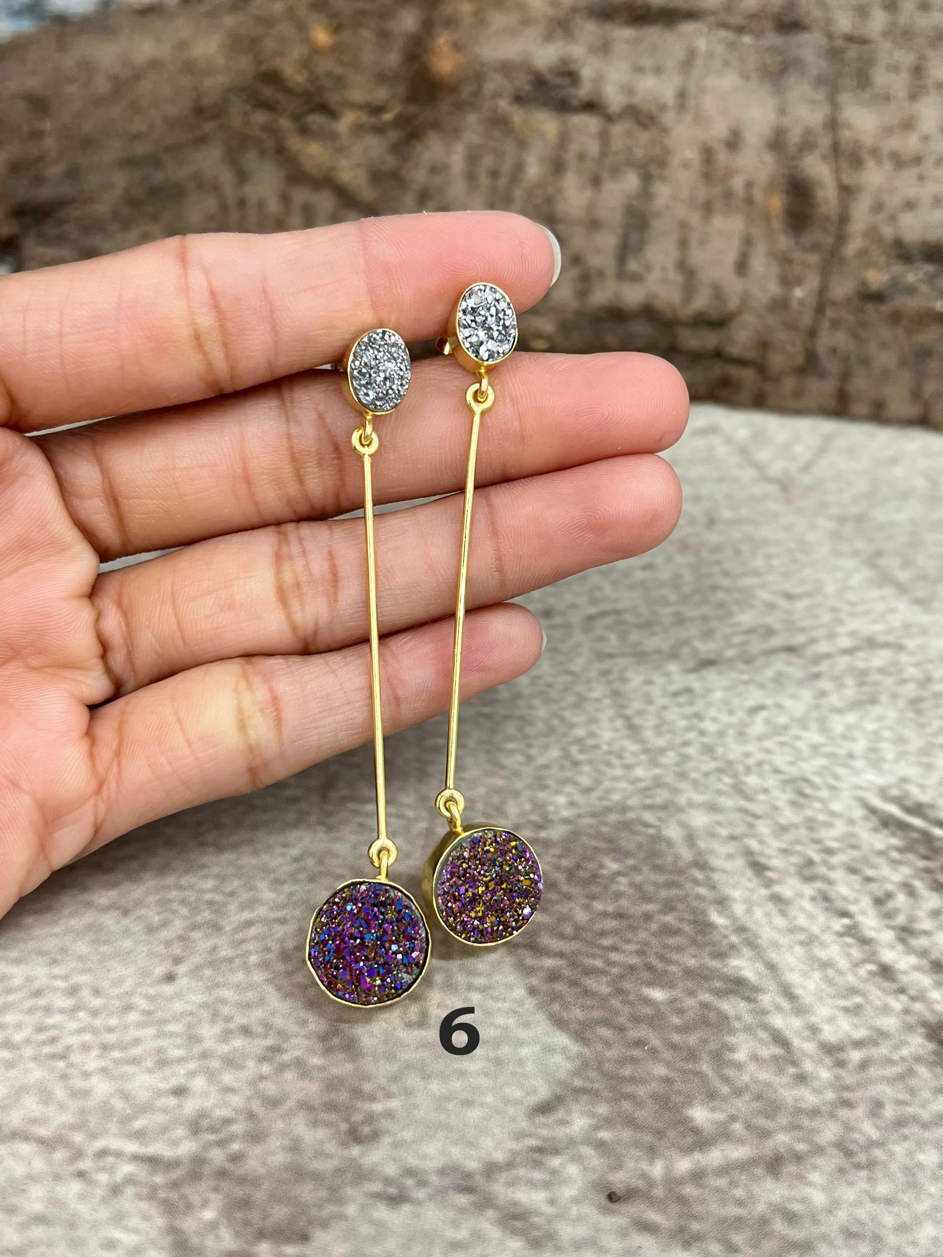 “The Boho Collection” Handmade Natural 2 Druzy Stone Post Dangle Earrings
