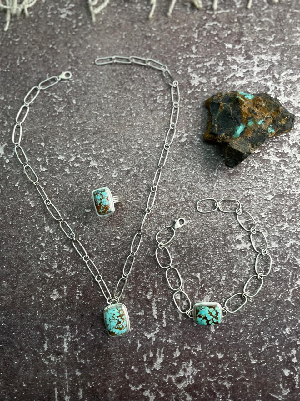 Handmade Sterling Silver Number 8 Turquoise Necklace Bracelet and Ring Set "Signed Nizhoni"
