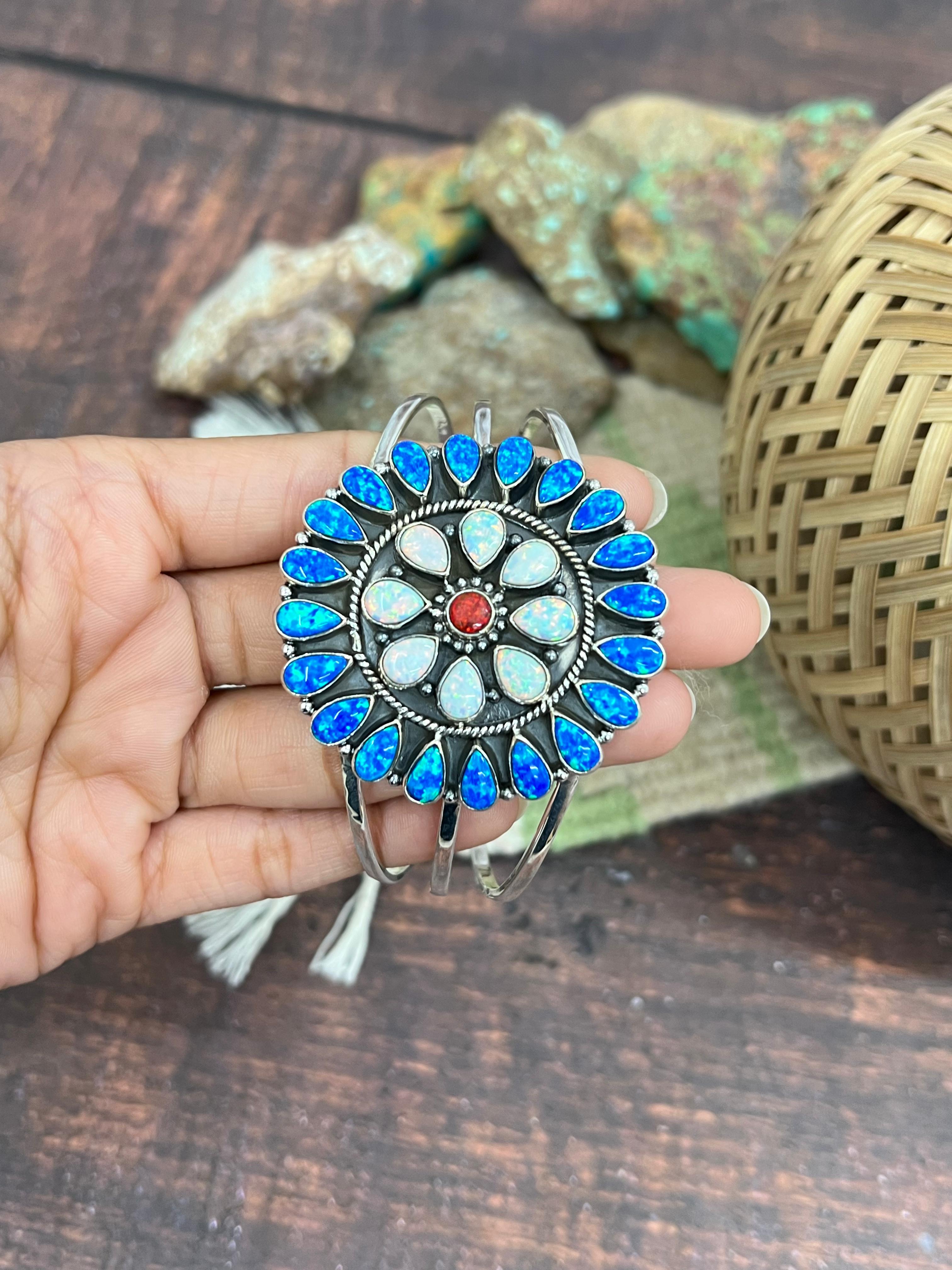 ** 4TH OF JULY ** Handmade Sterling Silver Synthetic Opal Cuff Bracelet with Signed Nizhoni