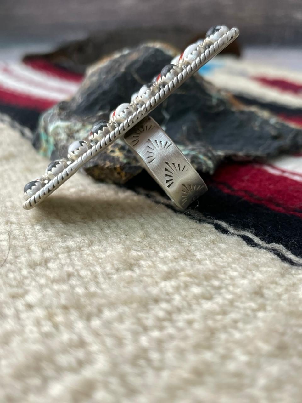 "Christmas Collection" Handmade Sterling Silver White Buffalo with Red Opal Adjustable Ring "Signed Nizhoni"