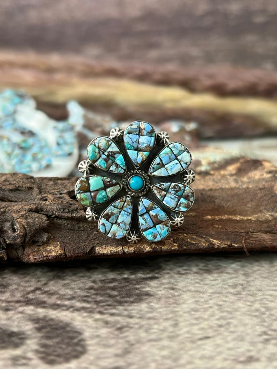 Handmade Sterling Silver 'Golden Hills Turquoise Cobble Collection' Adjustable Ring "Signed Nizhoni"