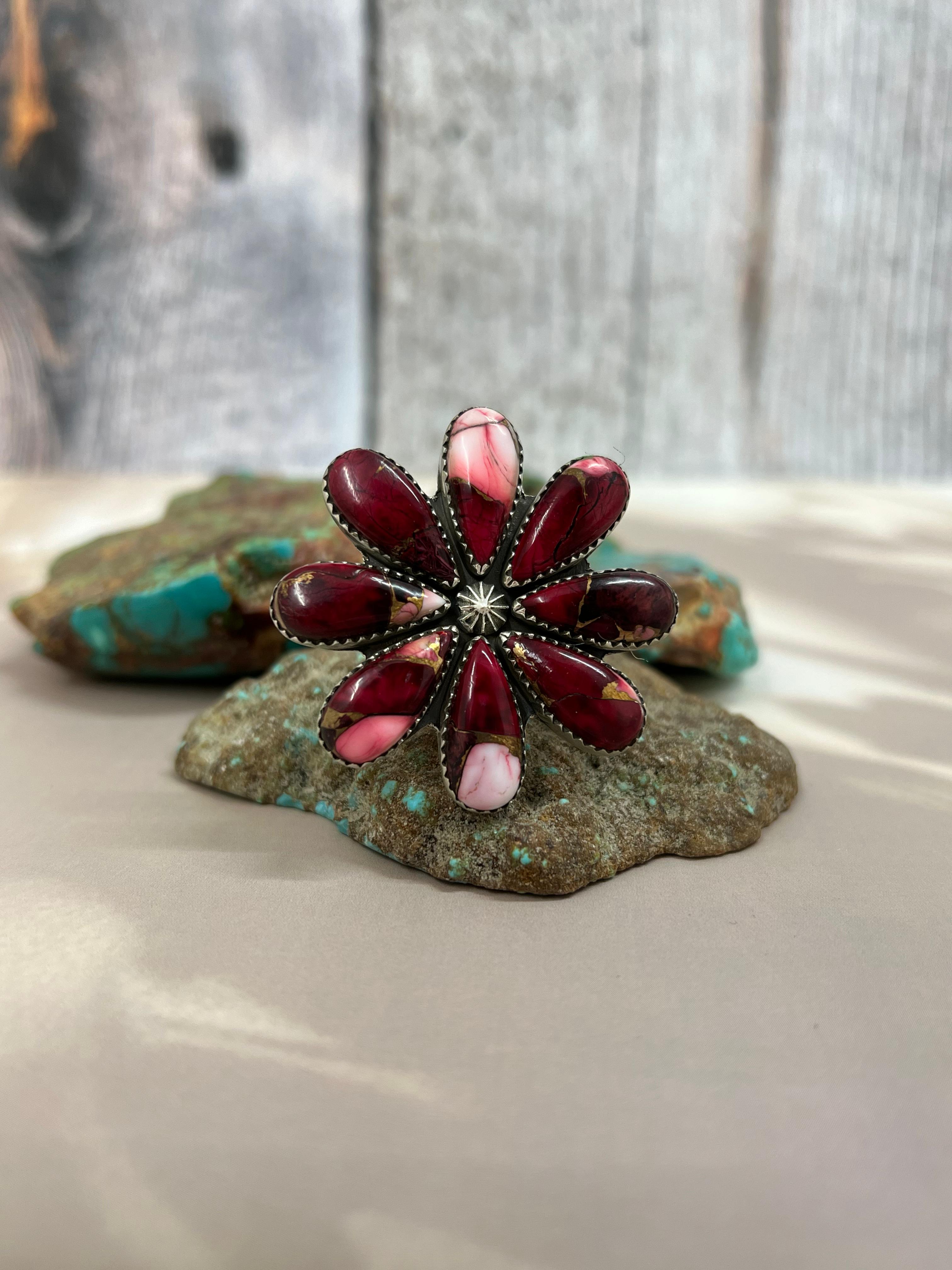 Handmade Sterling Silver Dahlia Rose Adjustable Ring with Signed Nizhoni