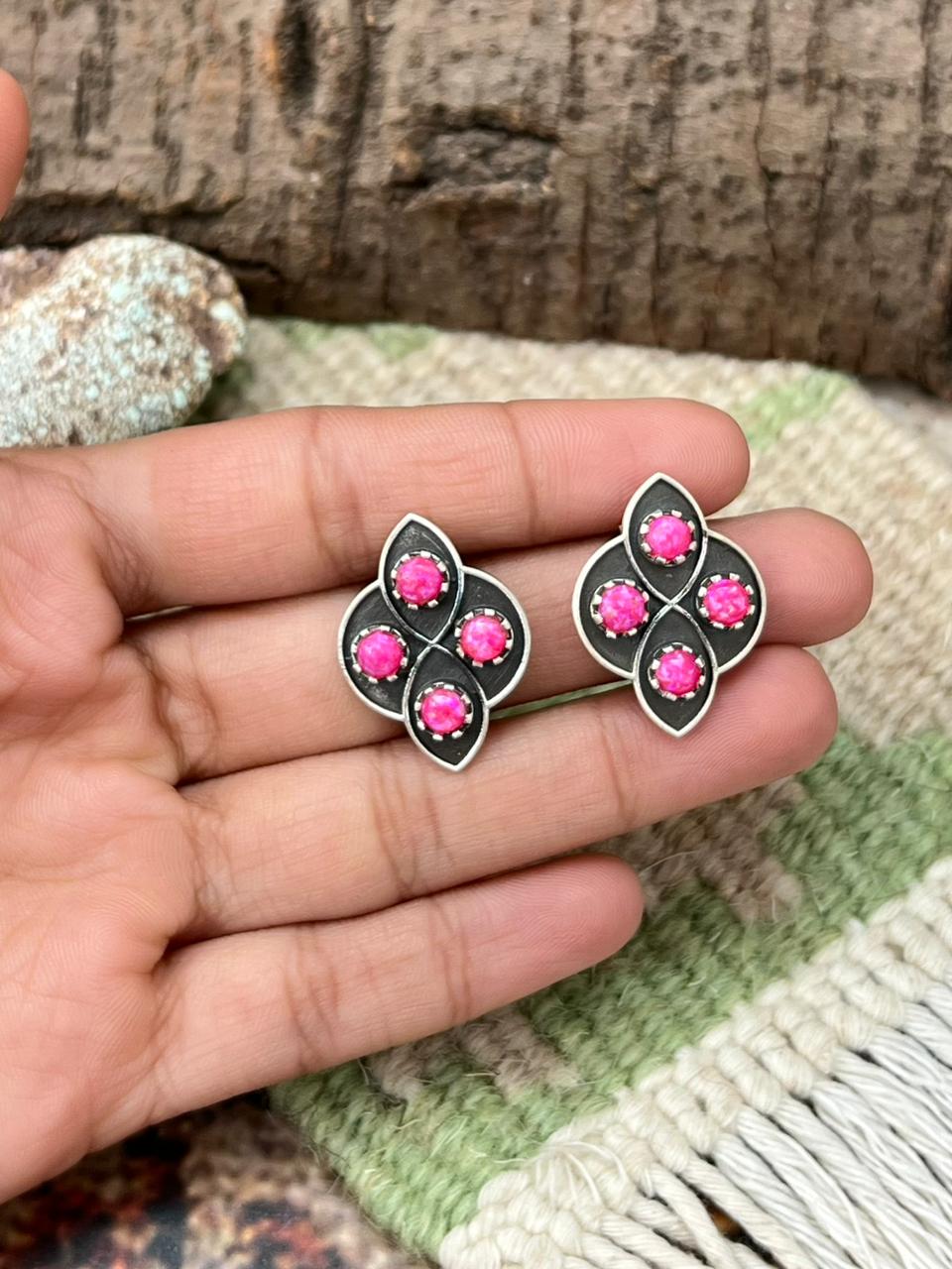 Handmade Sterling Silver Hot Pink Post Studs Earrings "Signed Nizhoni"
