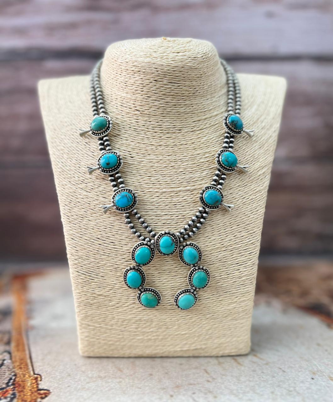 Handmade Sterling Silver Kingman Turquoise Squash Blossom Beaded Necklace "Signed Nizhoni"