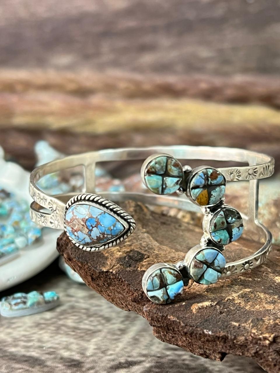 Handmade Sterling Silver Golden Hills Turquoise Cobble Collection Bracelet "Signed Nizhoni"