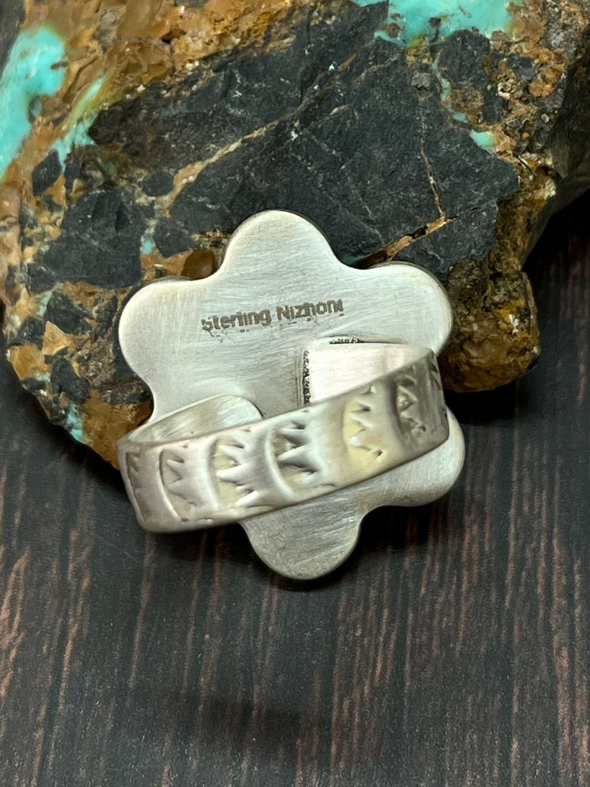 Handmade Sterling Silver White Buffalo Adjustable Ring "Singed Nizhoni" (1)