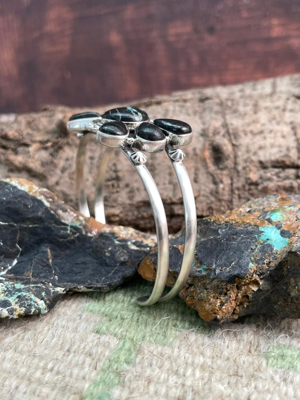 Handmade Sterling Silver Blackjack Turquoise Cuff Bracelet "Signed Nizhoni"