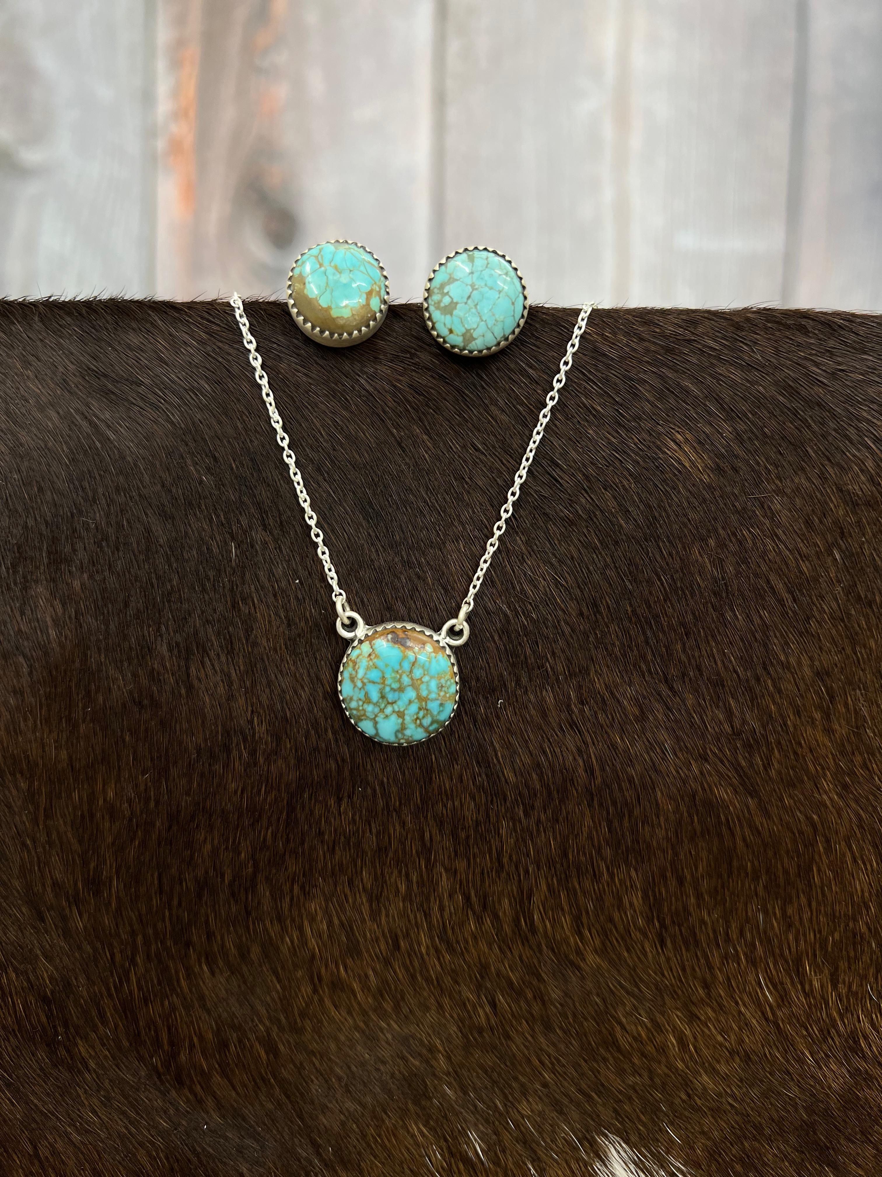 Handmade Sterling Silver Number 8 Turquoise Necklace Earrings Set with Signed Nizhoni