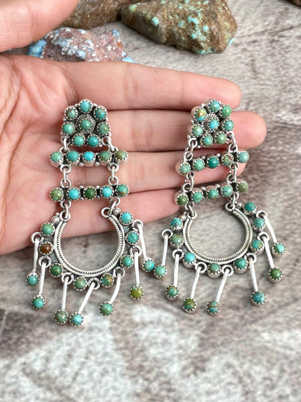 Handmade Sterling Silver Kingman Turquoise Post Dangle Earrings with Signed Nizhoni