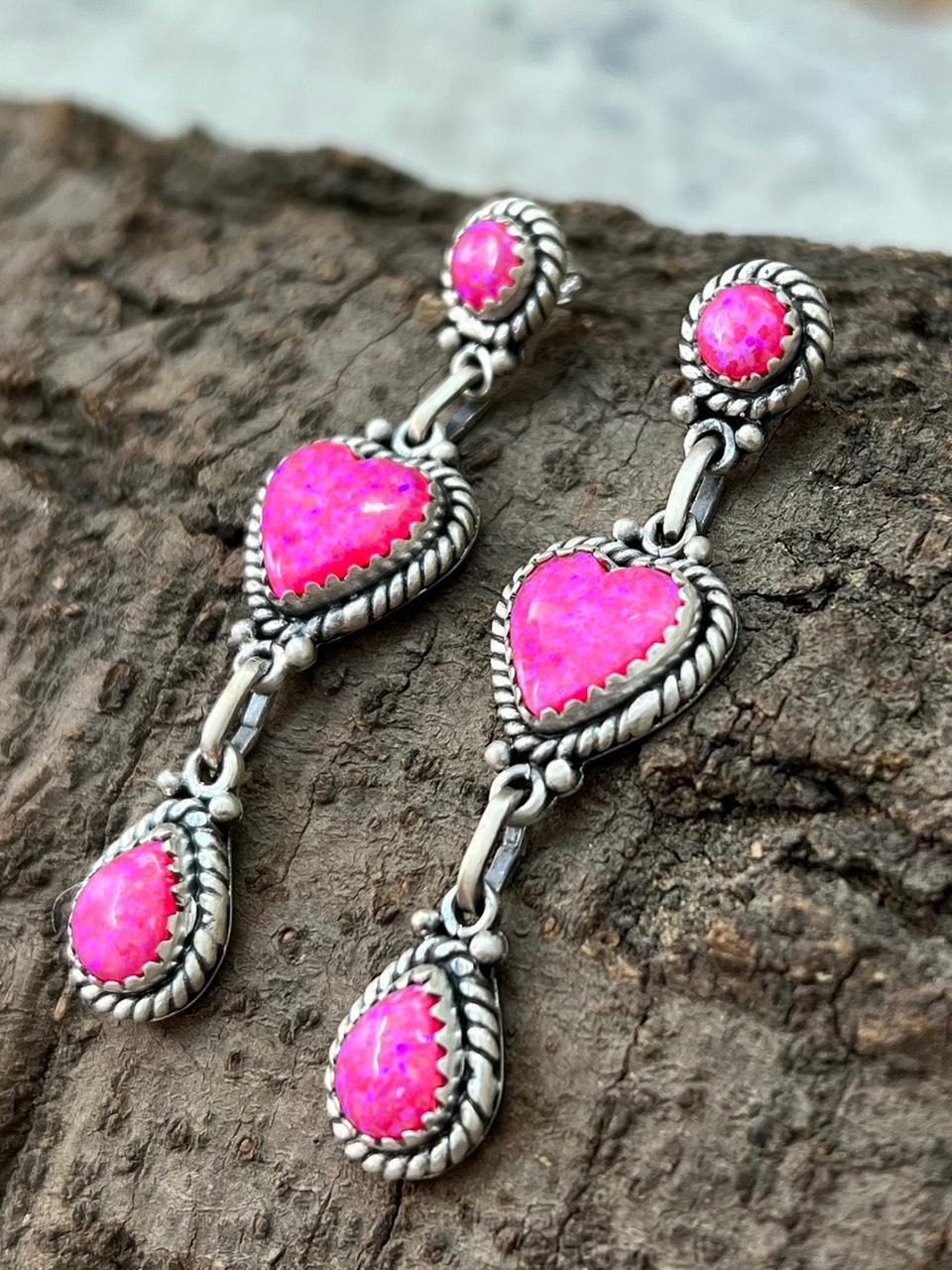 Handmade Sterling Silver Hot Pink Post Dangle Earrings "Signed Nizhoni"