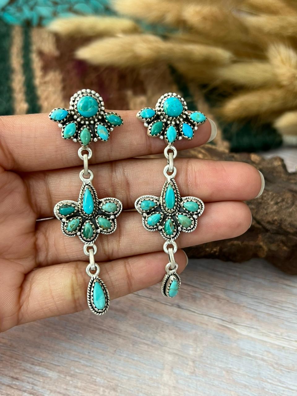 Handmade Sterling Silver Kingman Turquoise Post Dangle Earrings "Signed Nizhoni"