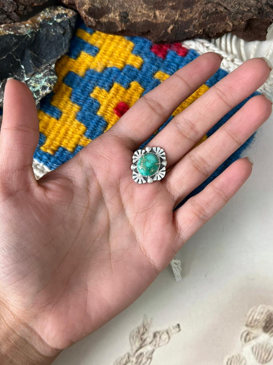 Handmade Sterling Silver Emerald Valley Turquoise Adjustable Ring "Signed Nizhoni"