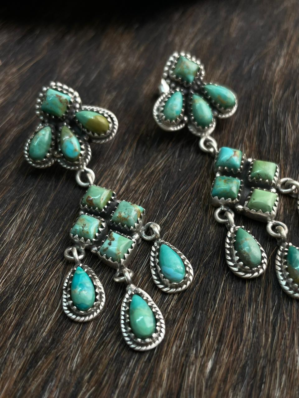 Handmade Sterling Silver Kingman Turquoise Post Dangle Earrings "Signed Nizhoni"