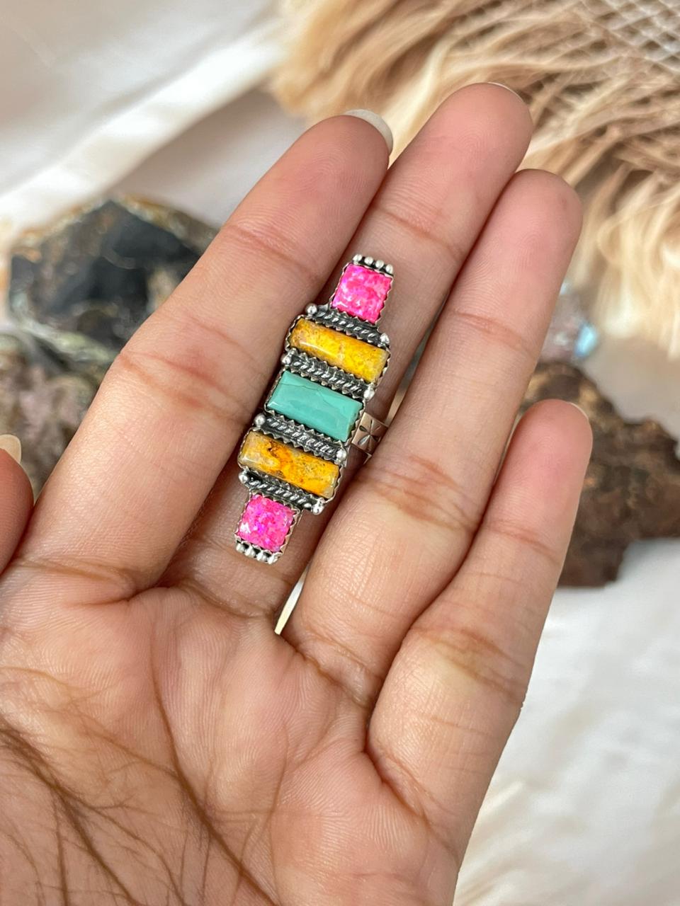Handmade Sterling Silver Spring Collection: Hot Pink with Bumblebee and Kingman Adjustable Ring "Signed Nizhoni"