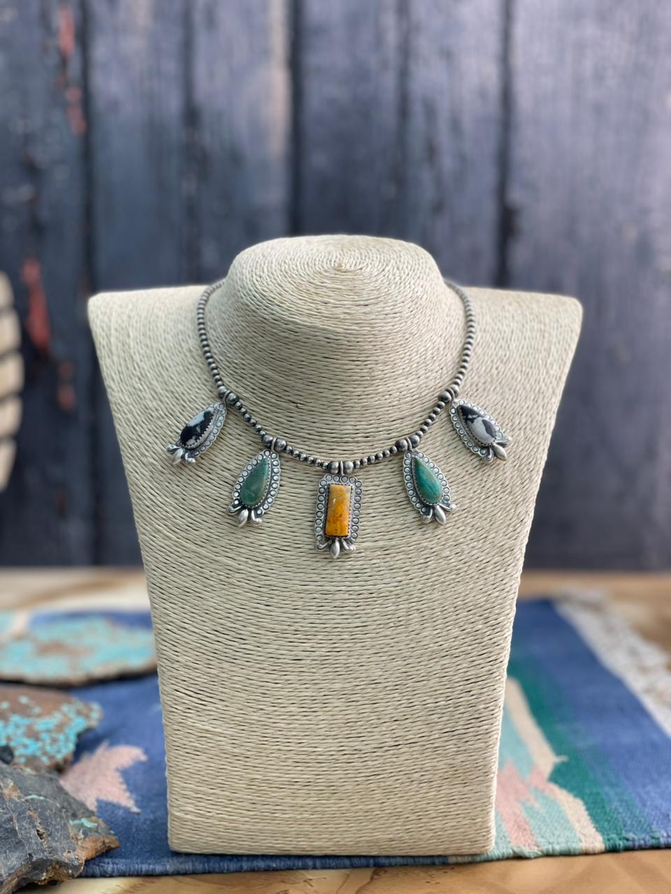 Handmade Sterling Silver Beaded Bumblebee with Kingman, White Buffalo Necklace "Signed Nizhoni"