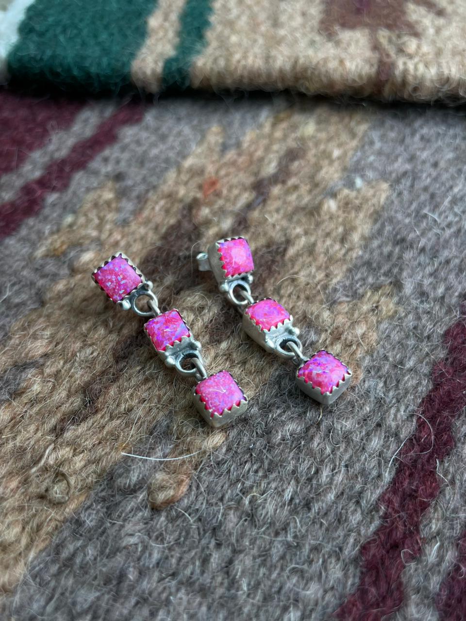 Handmade Sterling Silver Hot Pink Post Dangle Earrings "Signed Nizhoni"