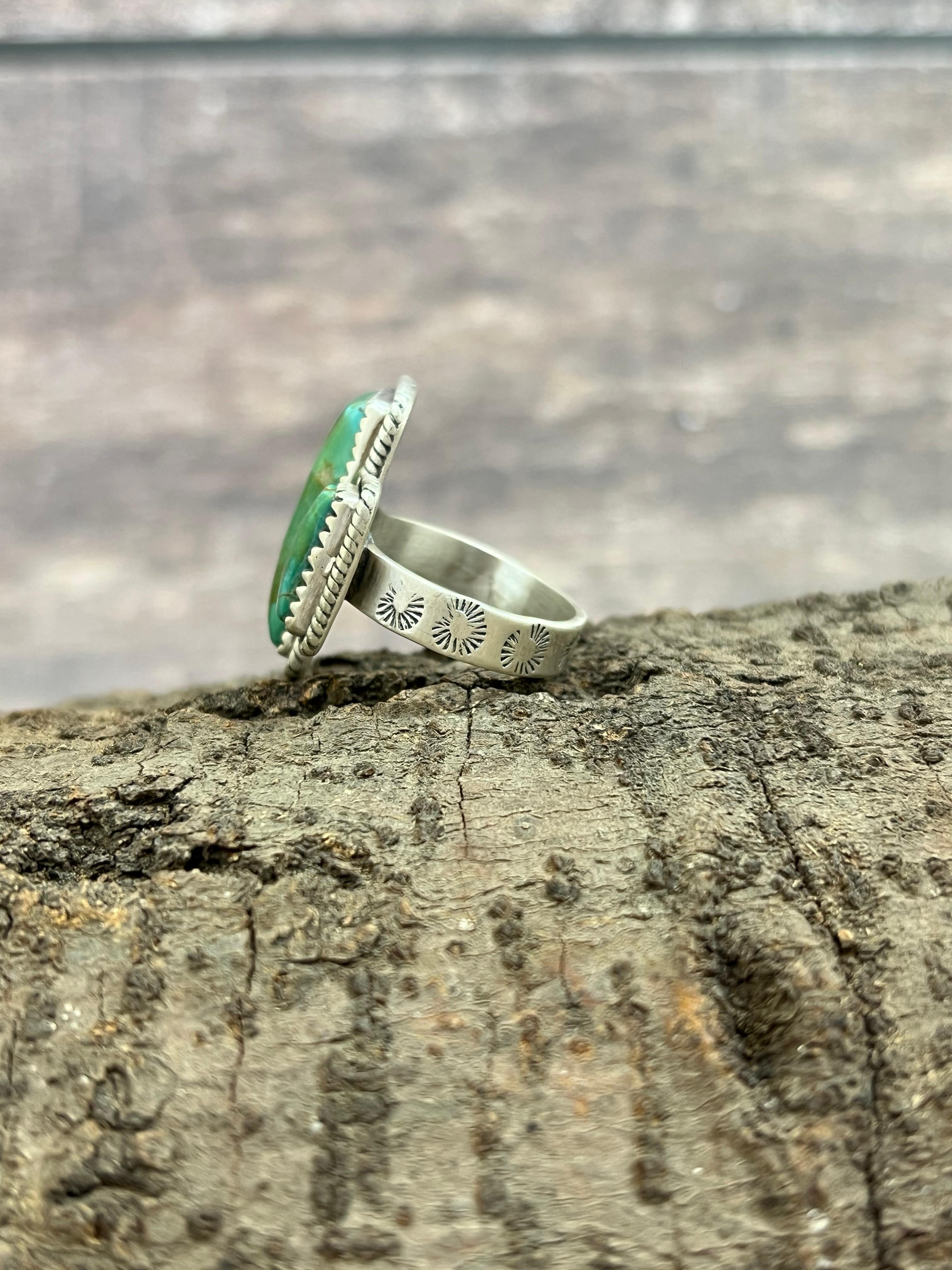 Handmade Sterling Silver Kingman Turquoise Adjustable Ring with Signed Nizhoni