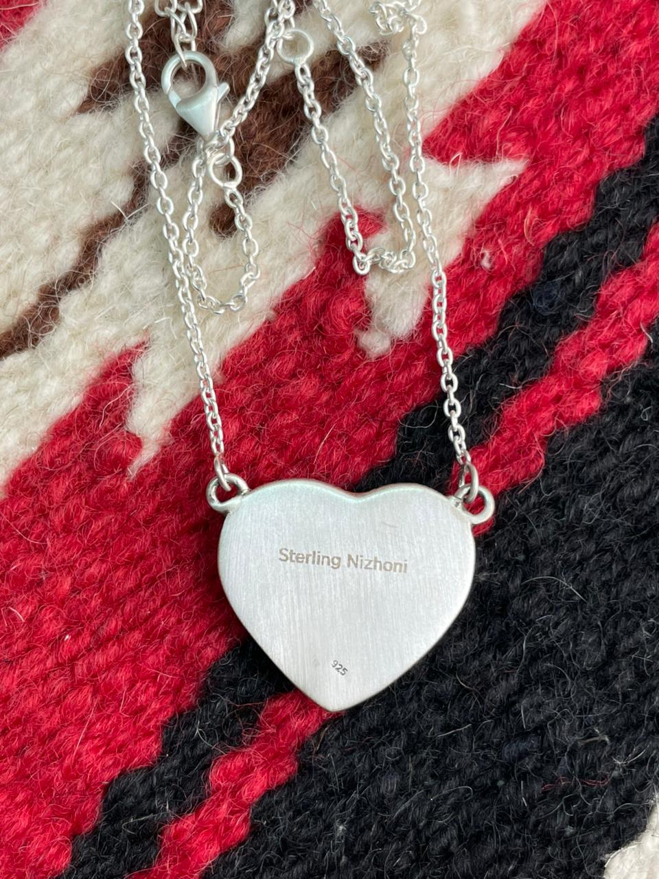 Handmade Sterling Silver Emerald Valley Turquoise Heart Necklace "Signed Nizhoni"
