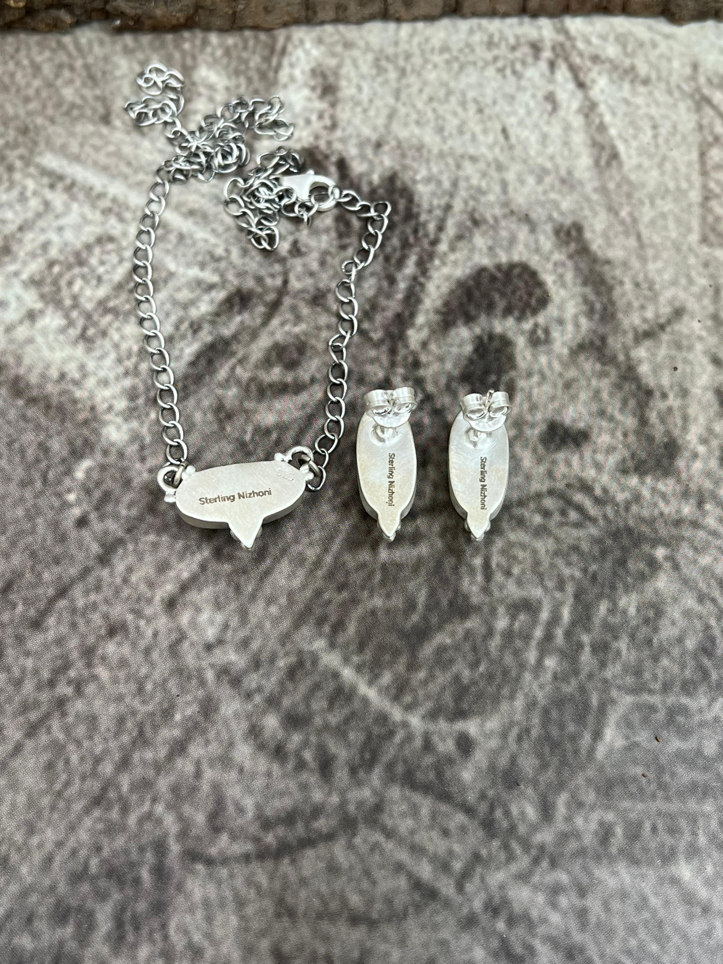 Handmade Sterling Silver Royston Turquoise Necklace Earrings Set, Signed Nizhoni