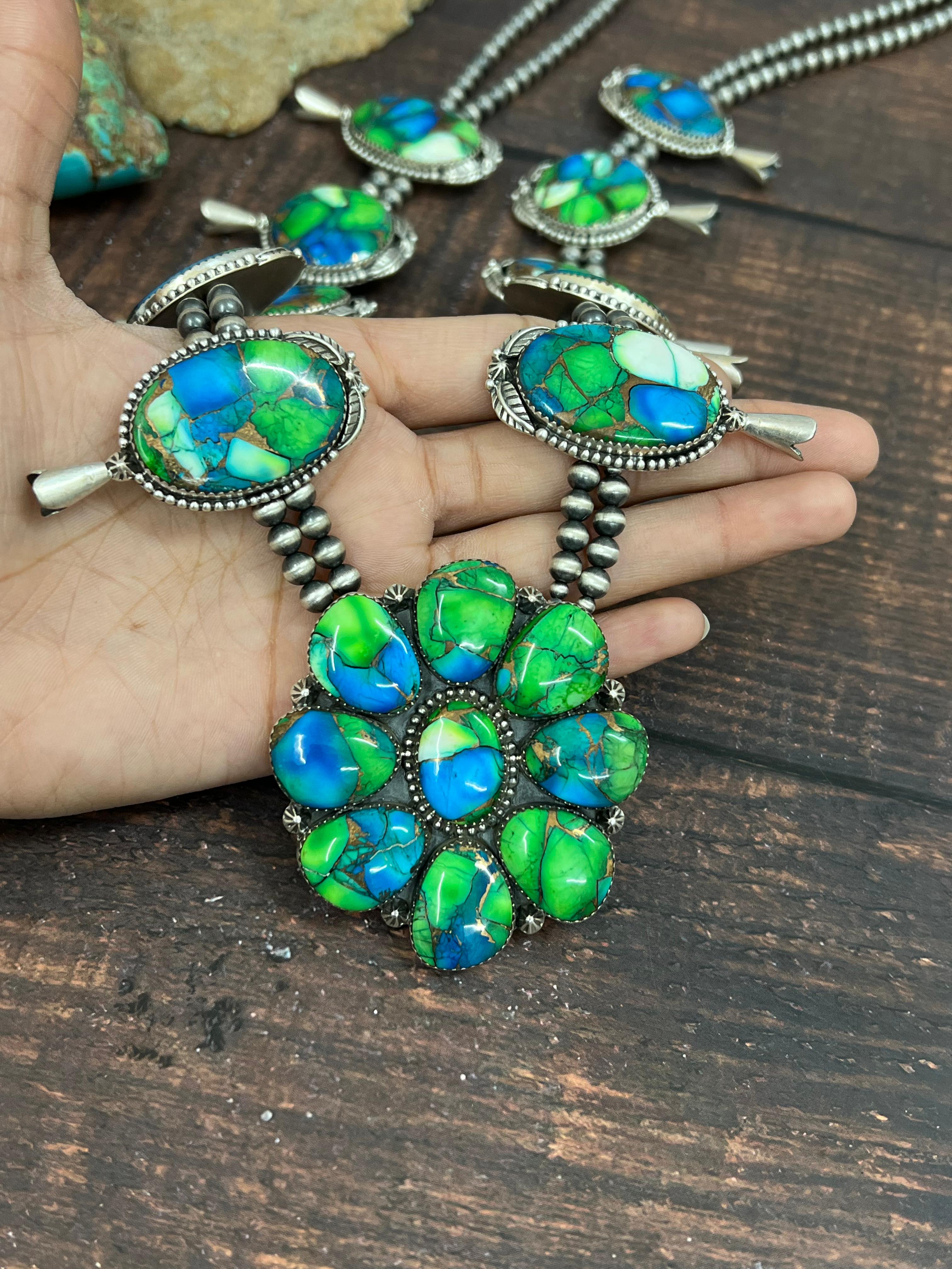 Handmade Sterling Silver Peacock Dahlia Beaded Necklace with Signed Nizhoni