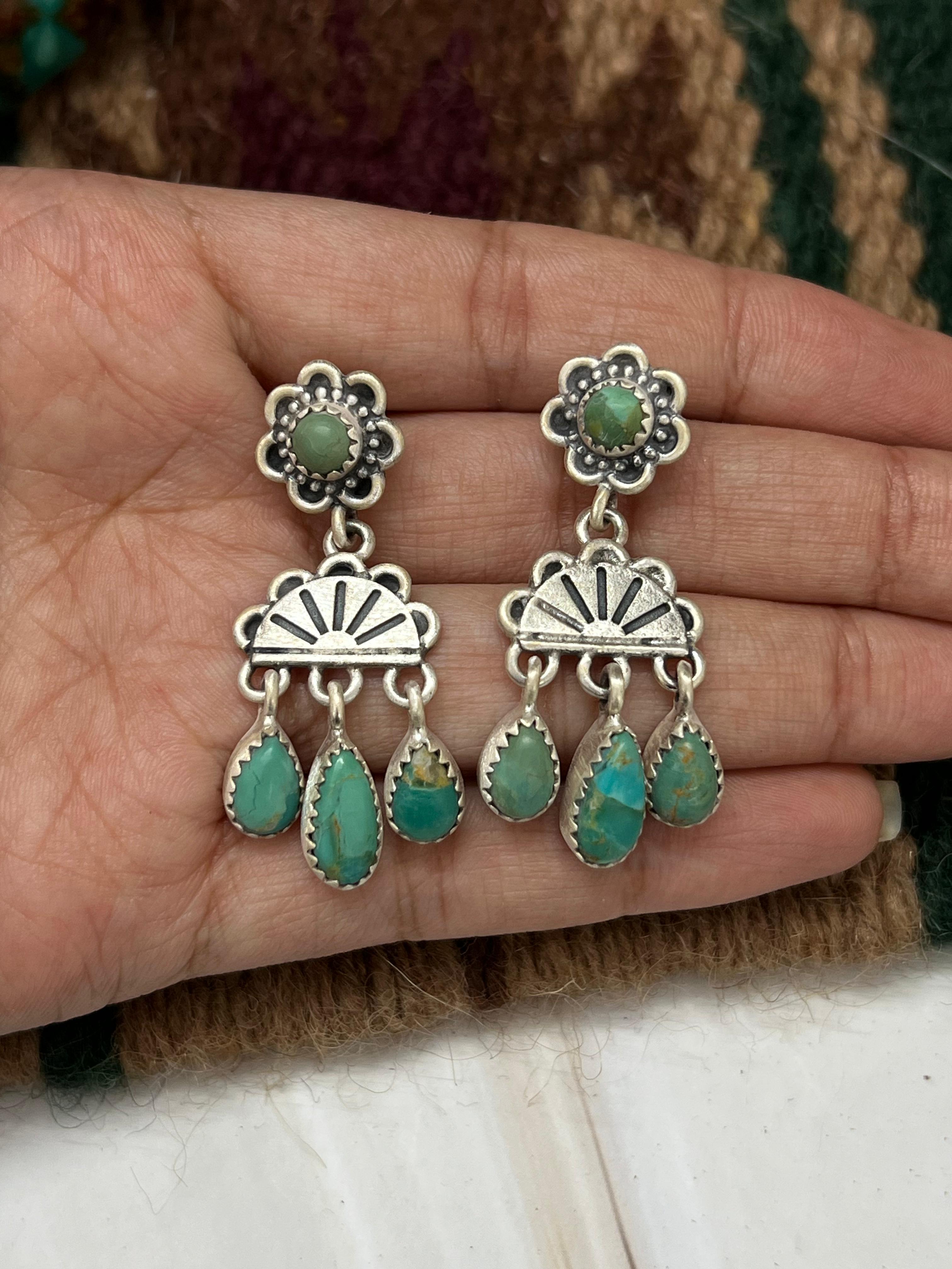 Handmade Sterling Silver Kingman Turquoise Post Dangle Earrings with Signed Nizhoni