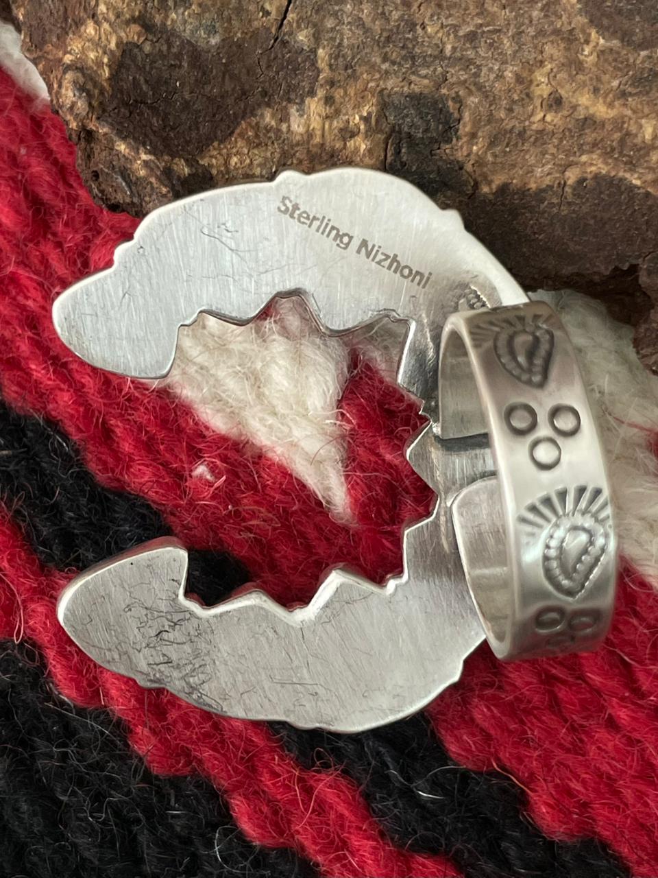 Handmade Sterling Silver Dahlia Rose With Emerald Valley Turquoise Ring "Signed Nizhoni"